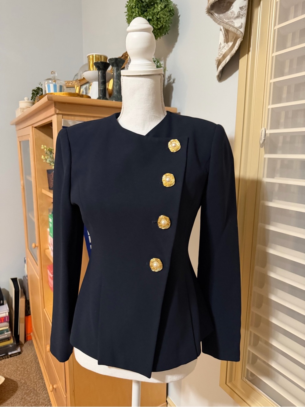 Albert Nipon Women's Structured Black Blazer Jacket with Gold Pearl Buttons